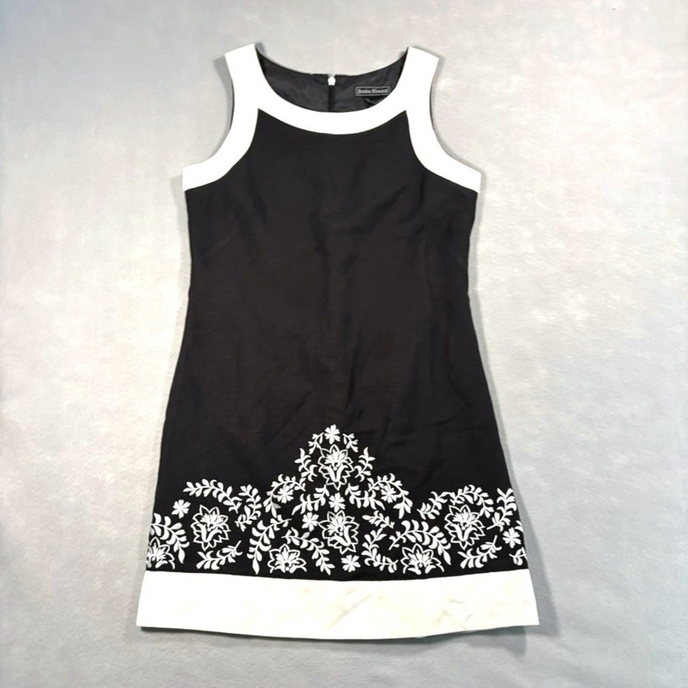 Linen‎ Blend Shift Dress Black White Colorblock Floral Embroidery M Boho Summer